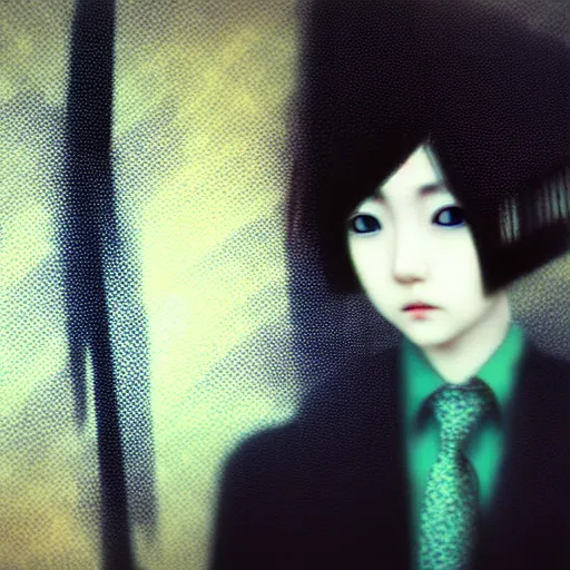 Image similar to yoshitaka amano blurred and dreamy realistic three quarter angle portrait of a young woman with short hair and black eyes wearing office suit with tie, junji ito abstract patterns in the background, satoshi kon anime, noisy film grain effect, highly detailed, renaissance oil painting, weird portrait angle, blurred lost edges