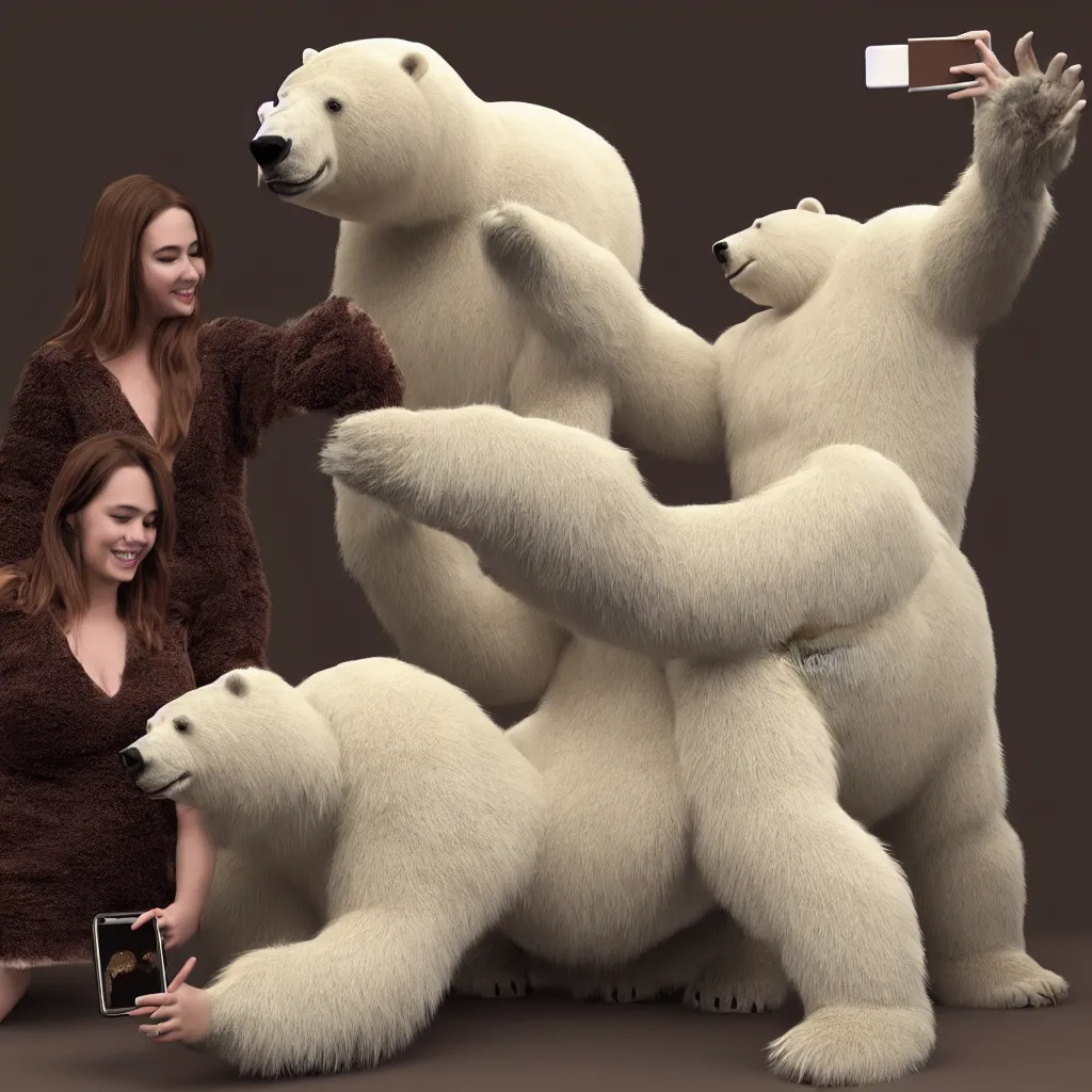 Prompt: digital art, 3 d render, studio lighting, a giant polar bear taking a selfie with a doll covered in chocolate slime, real fur, real feather, real hair, real skin