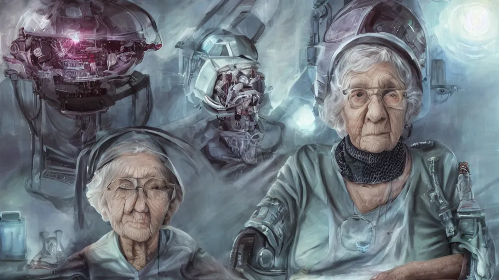 Image similar to my grandma in a nursing home located near a futuristic tank battle, old lady, cybernetic, lasers, dark future, hellscape, digital art, fear, creepy, jeff the killer, trending on artstationhq