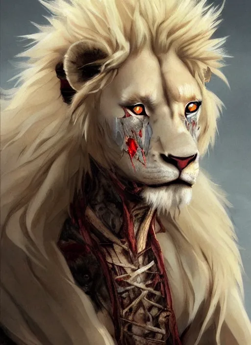 Prompt: award winning beautiful portrait commission of a male furry anthro albino lion wearing a burnt and torn tuxedo outfit with scarred face and scratches on his muscular belly with beautiful hyperdetailed face. Character design by charlie bowater, ross tran, and makoto shinkai, detailed, inked, western comic book art