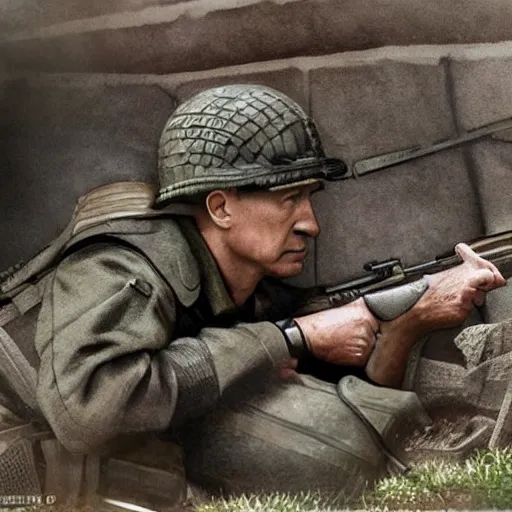 Image similar to Putin, fully equipped, is sitting in a trench and shooting back at the Ukrainians. Super detailed style/ HD textures/Detailed face of Putin/ detailed processing of details