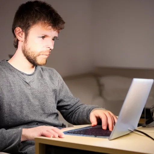 Image similar to During the night, man alone on computer illuminated only by the light of the computer screen, dark