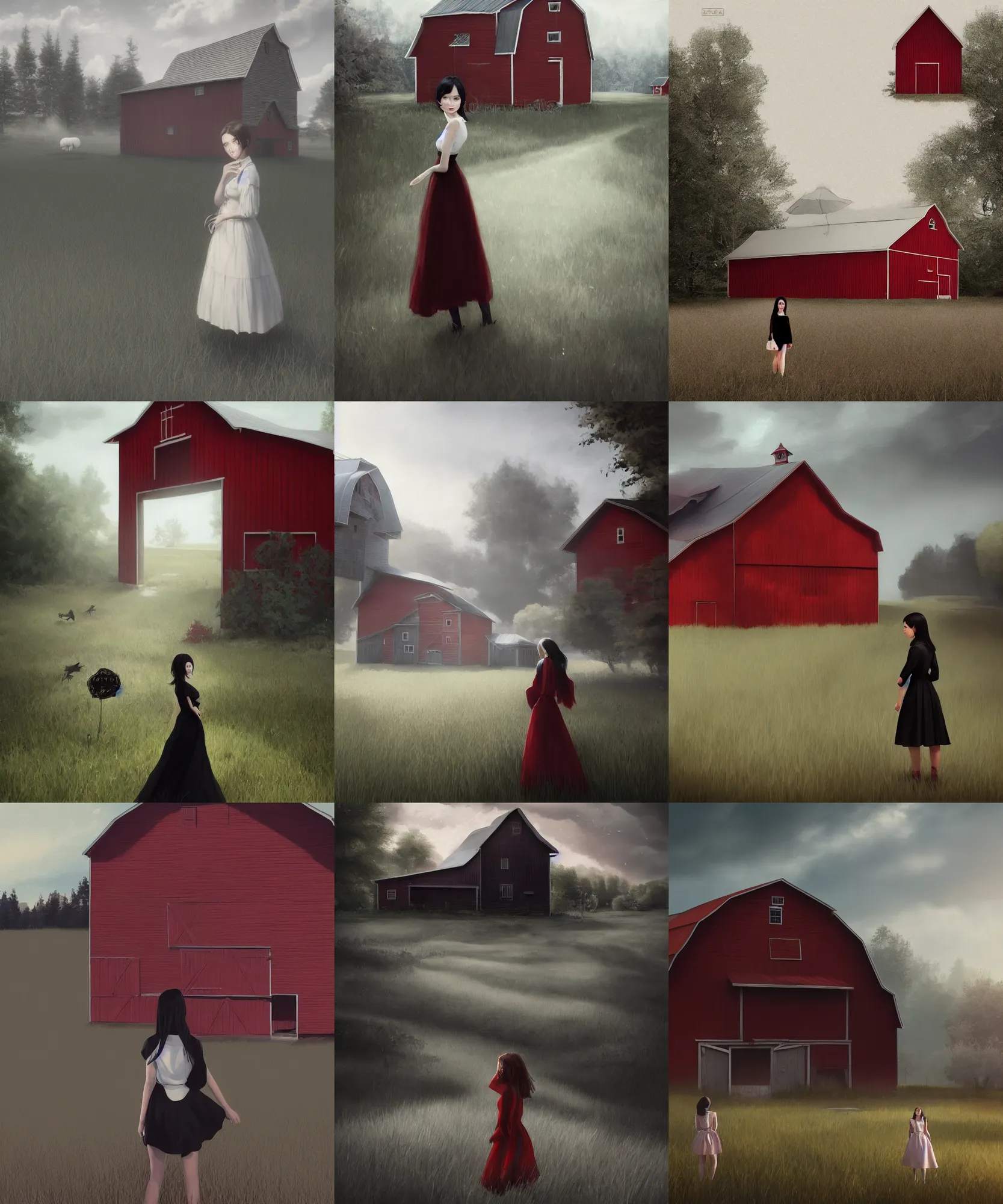 Prompt: a young woman in the shadow! of a red barn!. black hair, white! dress, sharp focus, wide angle, in the style wlop, trending on artstation, smooth, illustration, hyper detailed, unreal engine, ray tracing