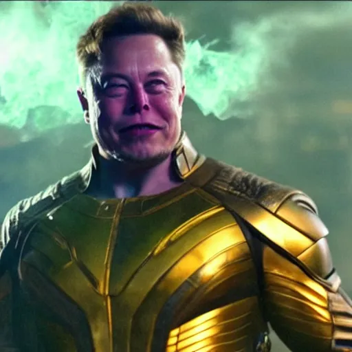 Image similar to elon musk as thanos exhaling a large smoke cloud from his bong, movie still, cinematic lighting