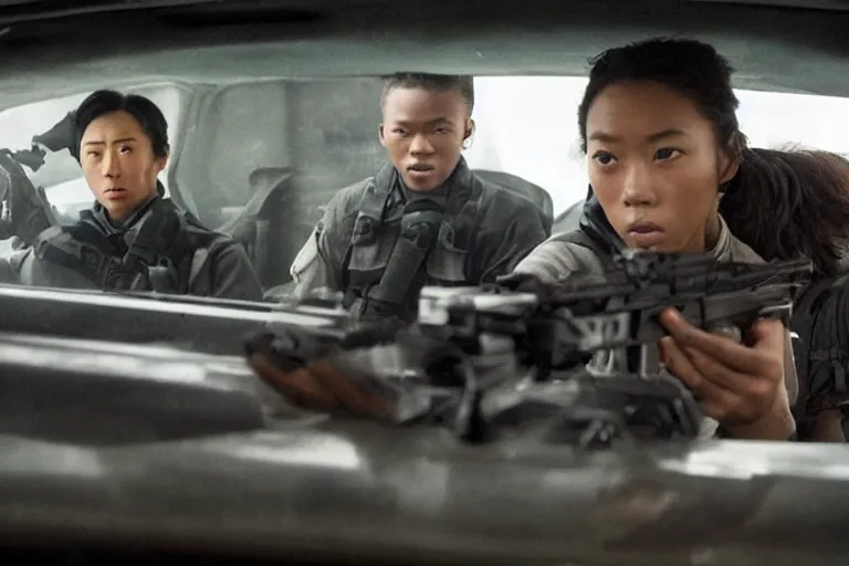 Image similar to movie diverse interracial team of Japanese robbers armed with rifles interior clean futuristic tactical van, beautiful skin, Symmetrical faces. natural lighting by Emmanuel Lubezki