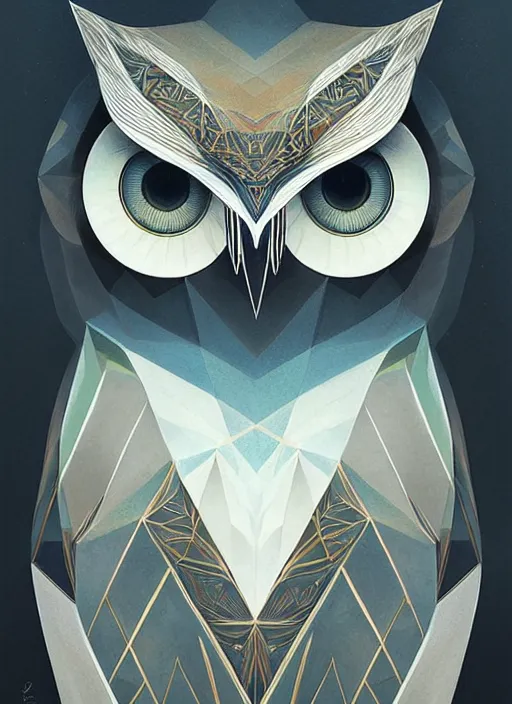 Image similar to portrait of a geometric owl, identical eyes, medium shot, illustration, full body made of white feathers, 8 k, symmetrical, art stand, super detailed, cinematic lighting, and its detailed and intricate, gorgeous, by peter mohrbacher