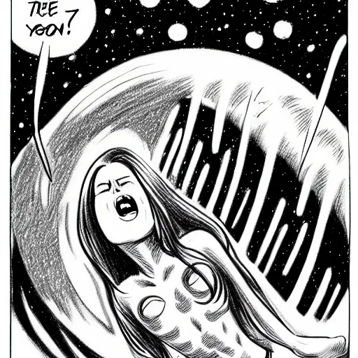 Prompt: a beautiful drawing of a symmetrical woman full body screaming kidnapped by alien invasion on planet earth, ufo style of comics in the year seventies, retro, vintage, visual novel h 1 0 2 4