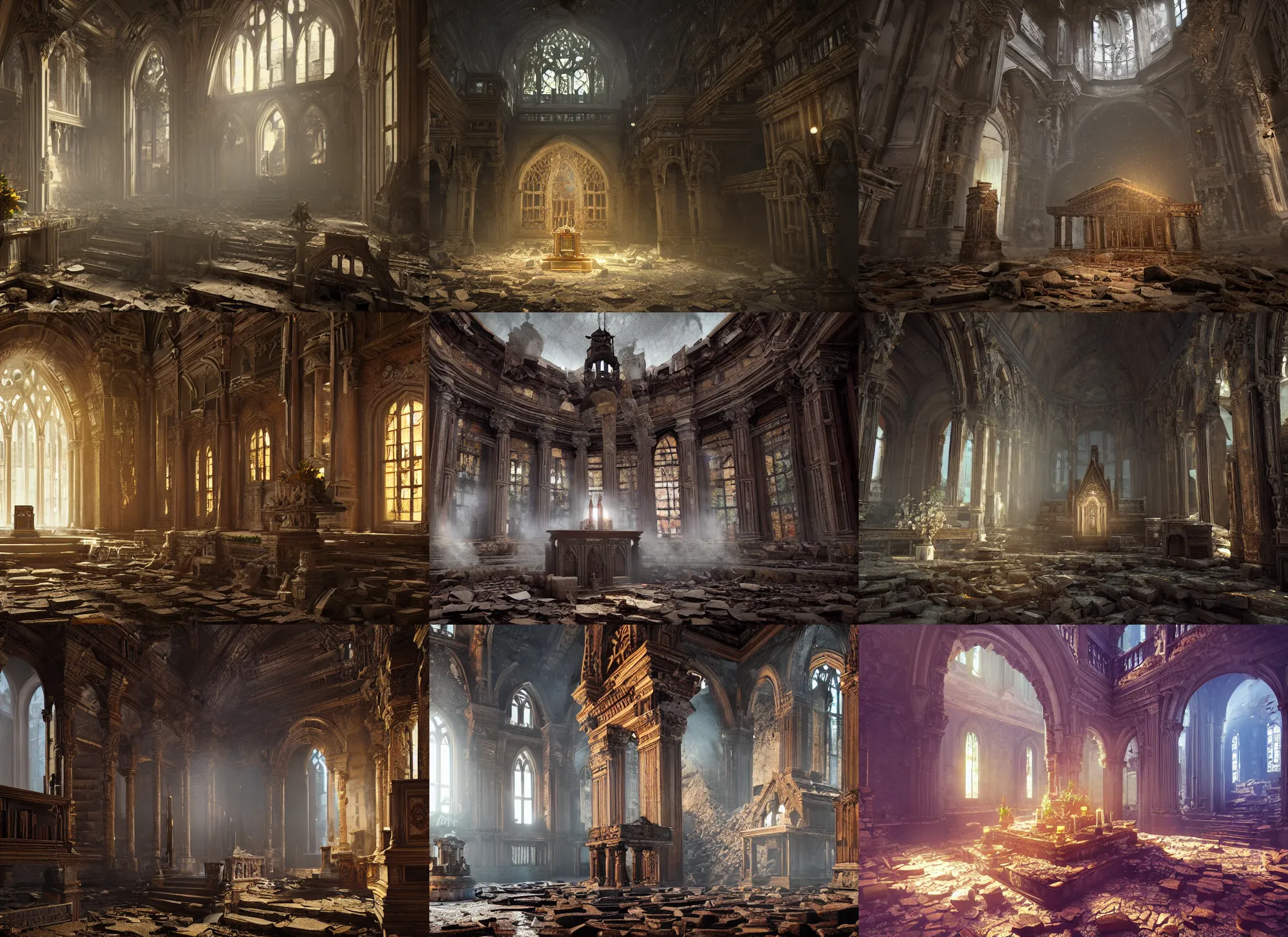 Prompt: an alter in old library in crumbling ruins, intricate detail, volumetric lighting, epic composition, hyper detailed, ultra realistic, sharp focus, octane render, volumetric, ray tracing, artstation trending, cgsociety, sense of awe, 4 k