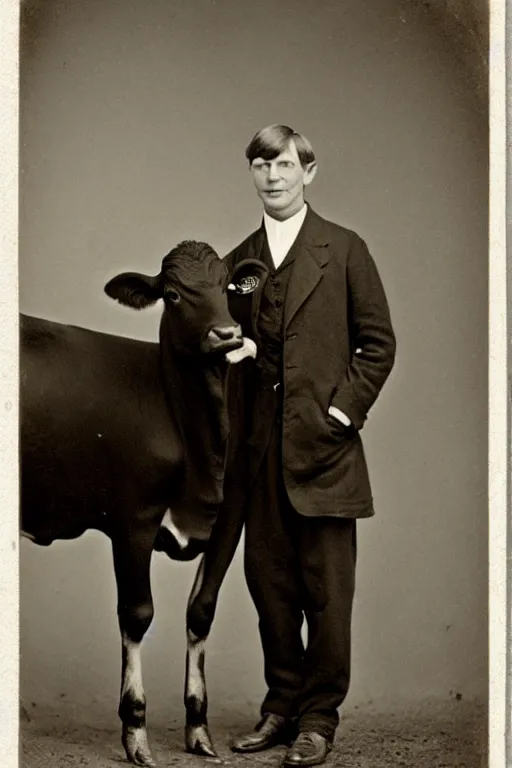 Image similar to a victorian photo of bill gates and a cow