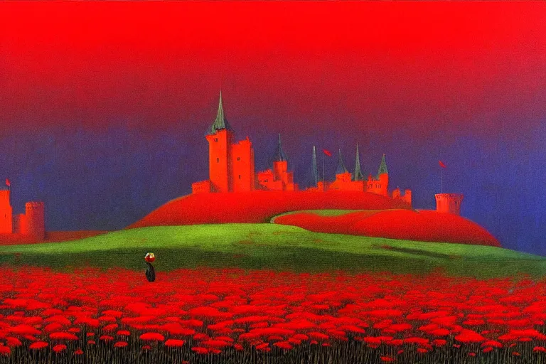 Image similar to only with red, red flowers of different types, a castle in the background, red giants rest over the flowers, in the style of beksinski, part by hopper, part by rodcenko, part by hofbauer, intricate composition, red by caravaggio, insanely quality, highly detailed, masterpiece, red light, artstation, 8 k