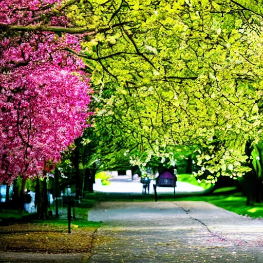 Image similar to a landscape of spring in the big city, trees are filled with color with flowers and plantlife blooming with vigor and grace