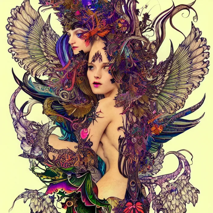 Prompt: extremely psychedelic tattoo design made of wings and mushrooms, LSD tattoo design, diffuse lighting, fantasy, intricate, elegant, highly detailed, lifelike, photorealistic, digital painting, artstation, illustration, concept art, smooth, sharp focus, art by John Collier and Albert Aublet and Krenz Cushart and Artem Demura and Alphonse Mucha