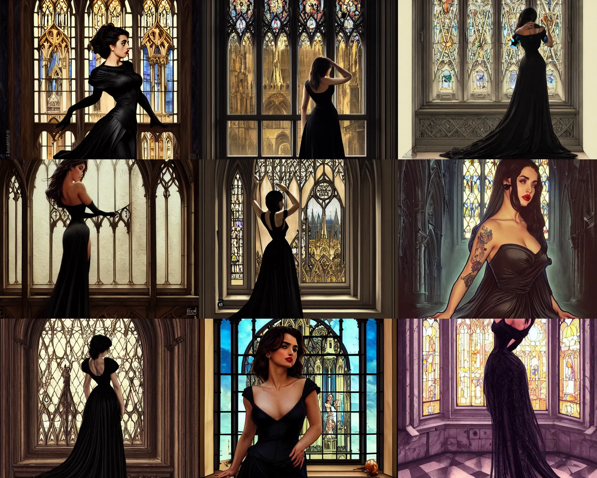 Prompt: black dress tattooed! ana de armas! pinup stands in front of a cathedral window, deep focus, turnaround, fantasy, intricate, elegant, highly detailed, digital painting, artstation, concept art, matte, sharp focus, illustration, hearthstone, art by artgerm and greg rutkowski and alphonse mucha.