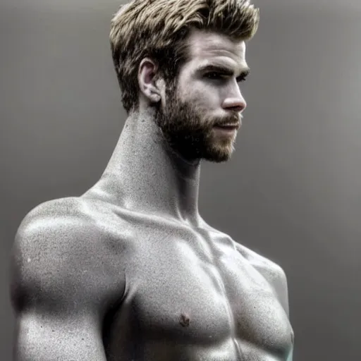 Image similar to “ a realistic detailed photo of a guy who is an attractive humanoid who is half robot and half humanoid, who is a male android, actor liam hemsworth, shiny skin, posing like a statue, blank stare, at the museum, on display ”