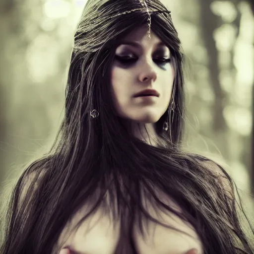 Image similar to beautiful portrait of a dark sorceress female, 35mm, cinematic shot, photorealistic, depth of field