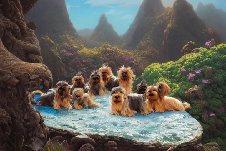 Image similar to an intricate colorful matte painting of a herd of yorkshire terrier puppies relaxing on hawaii, by Christophe Vacher and Bastien Lecouffe-Deharme, trending on artstation