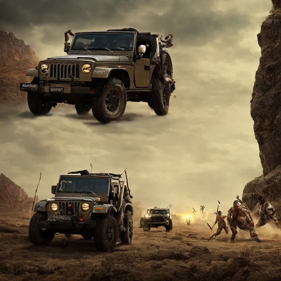 Image similar to Mahindra thar, tribe members attacking, action scene, an epic fantasy, dramatic lighting, cinematic, establishing shot, extremely high detail, photorealistic, cinematic lighting, artstation, by christopher nolan, horizon forbidden west