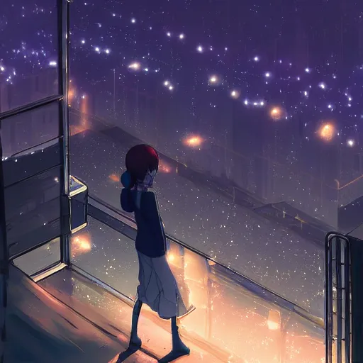 Image similar to Dreamy world at night, shooting stars, cityscape, pixiv scenery art, light refraction by makoto shinkai