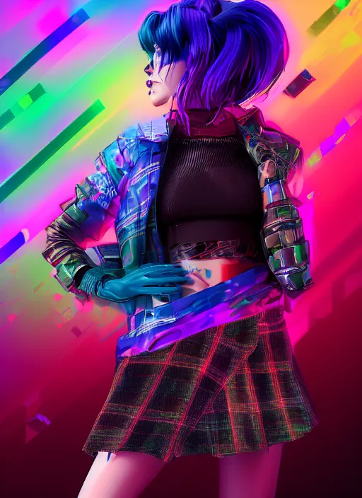 Prompt: a cyberpunk woman with rainbow hair wearing a flared plaid mini skirt, vaporwave, glitch art, 9 0 s vhs aesthethic, digital art by wlop, by hideaki anno, neon lights, octane render, anime style