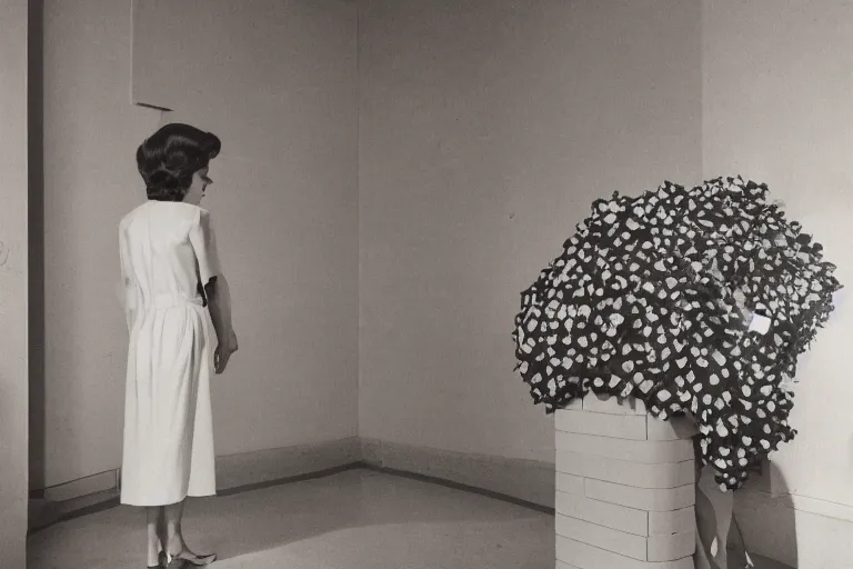 Image similar to giant flower head, girl standing in 1 9 6 0 s hotel, surreal photography, symmetry, mid century, liminal space, detailed, wes anderson