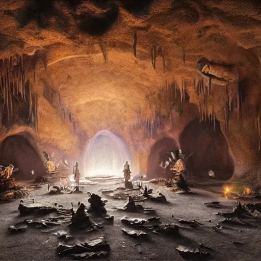 Image similar to beautiful matte painting of the inside of a cave with glowing crystals on the walls and bones on the floor, fantasy, sharp focus