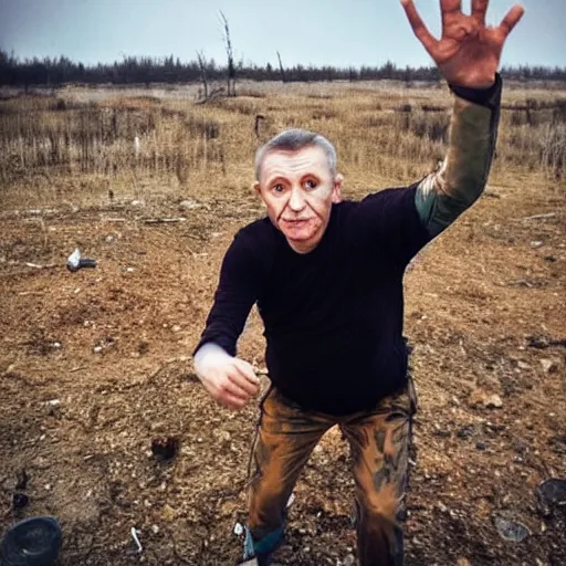 Image similar to last selfie of last alive scared ukrainian very damaged body to bones running from nuclear explosion