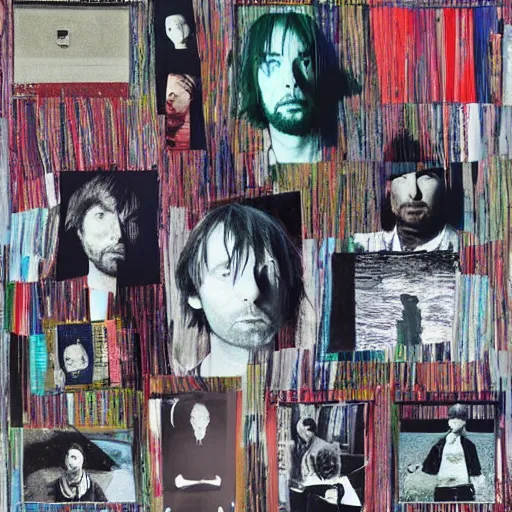 Prompt: Collage, color by Radiohead, Thom Yorke (Thom Yorke), Jonny Greenwood (Jonny Greenwood), Colin Greenwood (Colin Greenwood), Ed O'Brien (Ed O'Brien), Philip Selway (Philip Selway), by Stanley Donwood