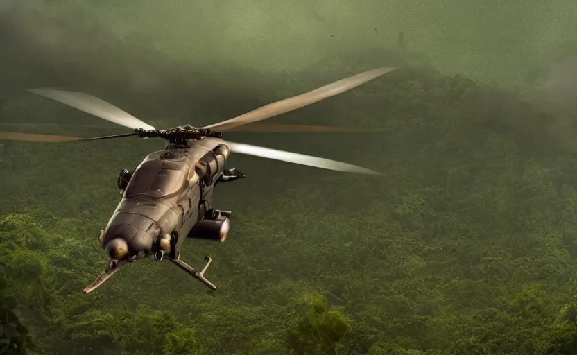 Prompt: photo of sci - fi war helicopter landing on jungle complex, ultra detailed, movie frame, cinematical composition, 4 k, breaking bad