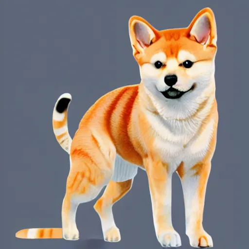 Prompt: Shiba inu morphed with a tabby cat, realistic photo