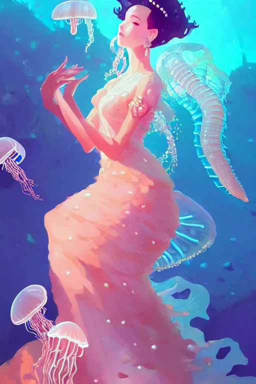 Image similar to a beautiful queen of ocean in the middle of coral reefs, pearl crystal jewelry, complex and shiny dress inspired by jellyfish, by ross tran and atey ghailan, by greg rutkowski, by greg tocchini, by james gilleard, by joe fenton, by kaethe butcher, dynamic lighting, grunge aesthetic