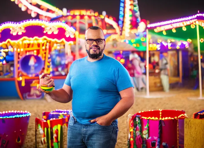 Prompt: photo still of sinbad at the county fair!!!!!!!! at age 3 6 years old 3 6 years of age!!!!!!!! playing ring toss, 8 k, 8 5 mm f 1. 8, studio lighting, rim light, right side key light