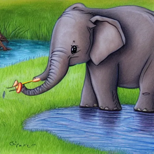 Image similar to a cartoon picture of a baby elephant drinking from a pond, a child's drawing by stan and jan berenstain, pixiv, furry art, childs drawing, furaffinity, storybook illustration