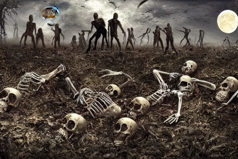 Prompt: skeletons and corpses come out of the ground, zombies, dark night, full moon, highly detailed digital art, photorealistic