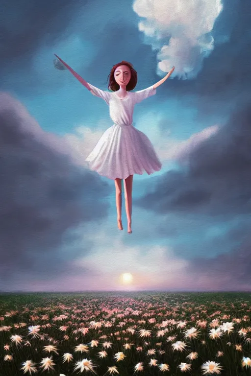 Image similar to giant white daisy flower face, girl dancing in a flower field, surreal photography, sunrise, dramatic light, impressionist painting, colorful clouds, digital painting, artstation, simon stalenhag