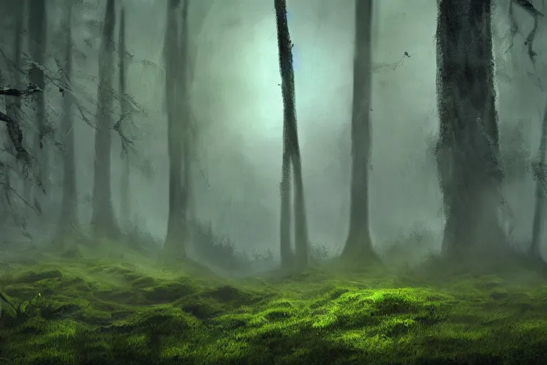 Image similar to human skeleton behind computer overgrown with moss, in foggy forest, at night, dark atmosphere, fantasy illustration, digital art