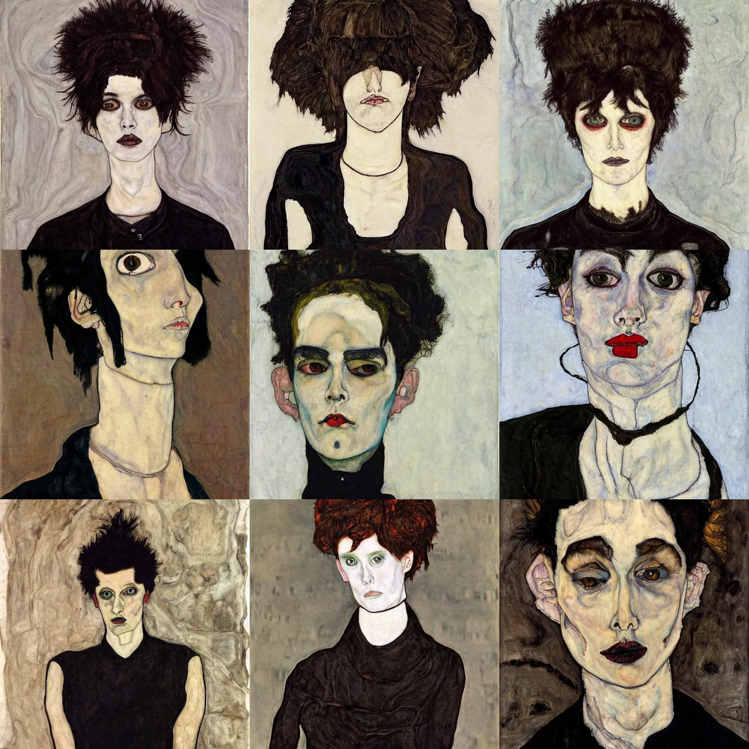 Prompt: A goth portrait painted by Egon Schiele. Her hair is dark brown and cut into a short, messy pixie cut. She has a slightly rounded face, with a pointed chin, large entirely-black eyes, and a small nose. She is wearing a black tank top, a black leather jacket, a black knee-length skirt, a black choker, and black leather boots.