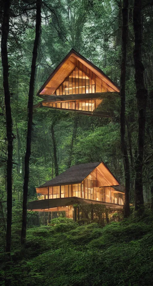 Image similar to an exquisitely designed wooden house in a lush forest, architectural photography, dark and dim lighting, beautiful, tranquil, moody, cinematic, fantasy, 3 5 mm lens, volumetric lighting, first person view, photographic render, hyper realistic