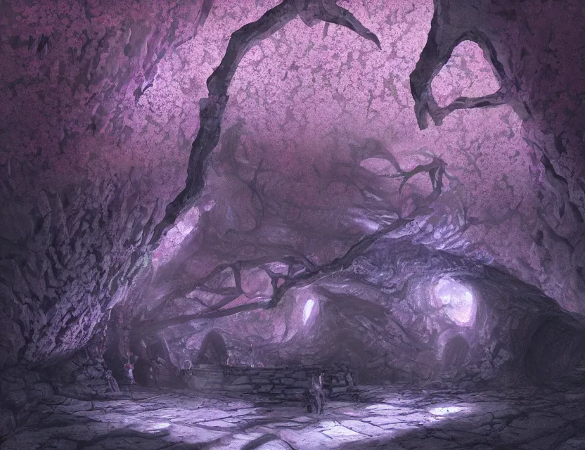 Prompt: scifi nightclun in a cherry blossom limestone cavern. oil painting by indie concept artist. backlighting, chiaroscuro, intricate details, field of depth.