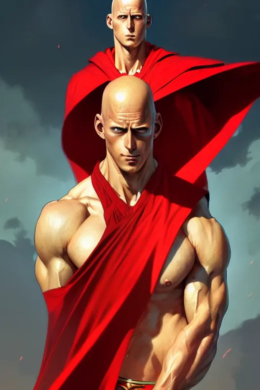 Image similar to ultra realistic illustration, handsome saitama. red cape, intricate, elegant, highly detailed, digital painting, artstation, concept art, smooth, sharp focus, illustration, art by artgerm and greg rutkowski and alphonse mucha and wlop