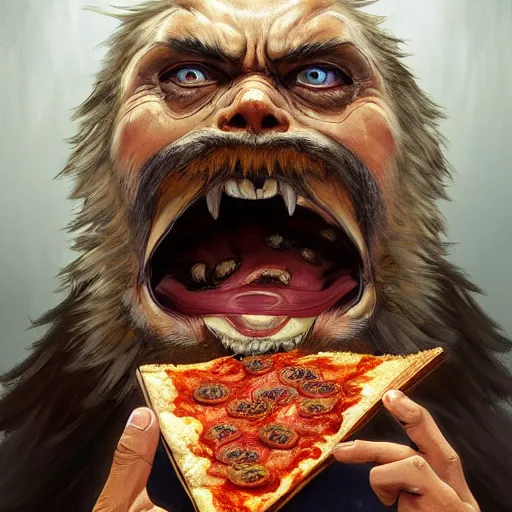 Prompt: portrait of gritty opening his mouth to eat pizza, highly detailed, digital painting, artstation, concept art, sharp focus, illustration, art by artgerm and greg rutkowski and alphonse mucha