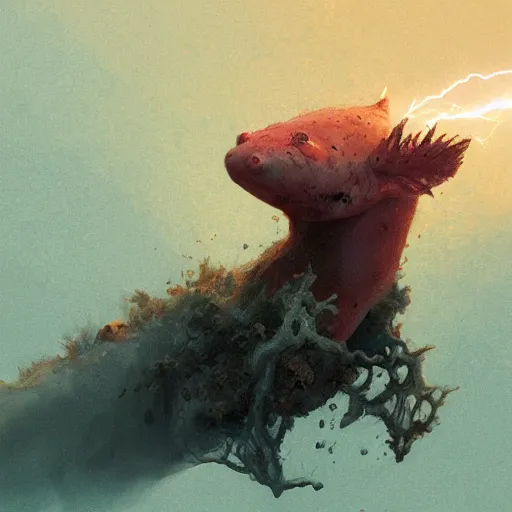 Prompt: shocked Axolotl hit by lightning from the sky in a small puddle, dramatic, dark, fantasy, digital art, hyperrealistic, Greg Rutkowski, Trending on Artstation, highly detailed