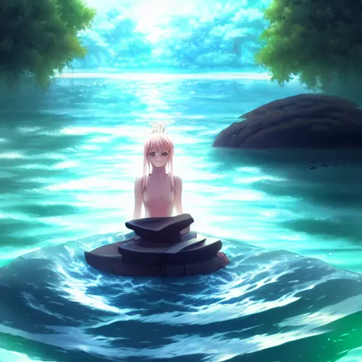 Prompt: a person sitting in a body of water, a character portrait by kano sansetsu, pixiv contest winner, fantasy art, official art, anime aesthetic, tarot card