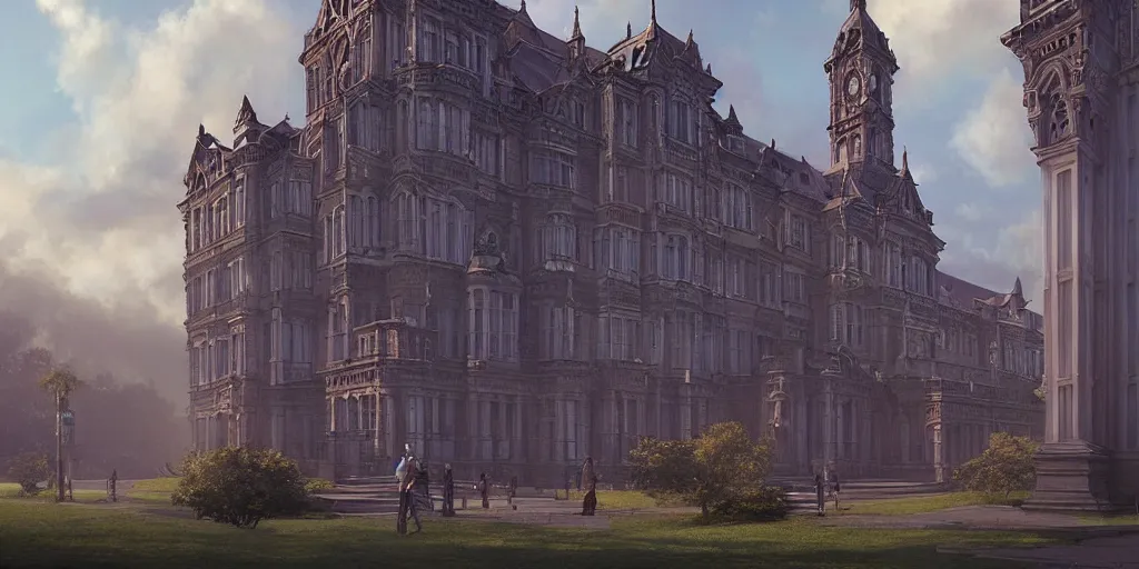 Prompt: portrait of an ornate victorian college building, blue sky, volumetric, well lit, victorian, detailed, realistic, digital art by greg rutkowski and jordan grimmer