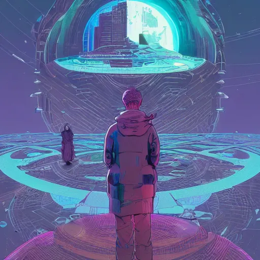 Image similar to a cyberpunk explorer meditating next to a floating triangular glowing monolith with one eye, highly detailed, midnight, by josan gonzalez and victo ngai and moebius