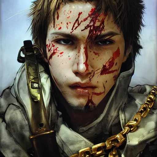 Prompt: portrait of a young white hero holding his sword next to his face covering his eye by yoji shinkawa, high quality, extra details, realism, ornate, colored, golden chain, blood, white skin, short hair, brown eyes, vivid, sunlight, dynamic, american man, freedom, white american soldier, painting