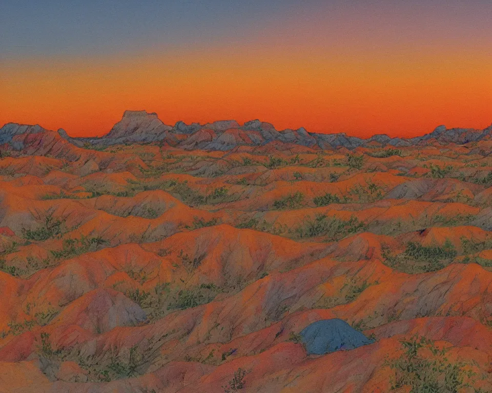 Prompt: vibrant fresco of the badlands at sunset with a deteriorating launchpad in the foreground.