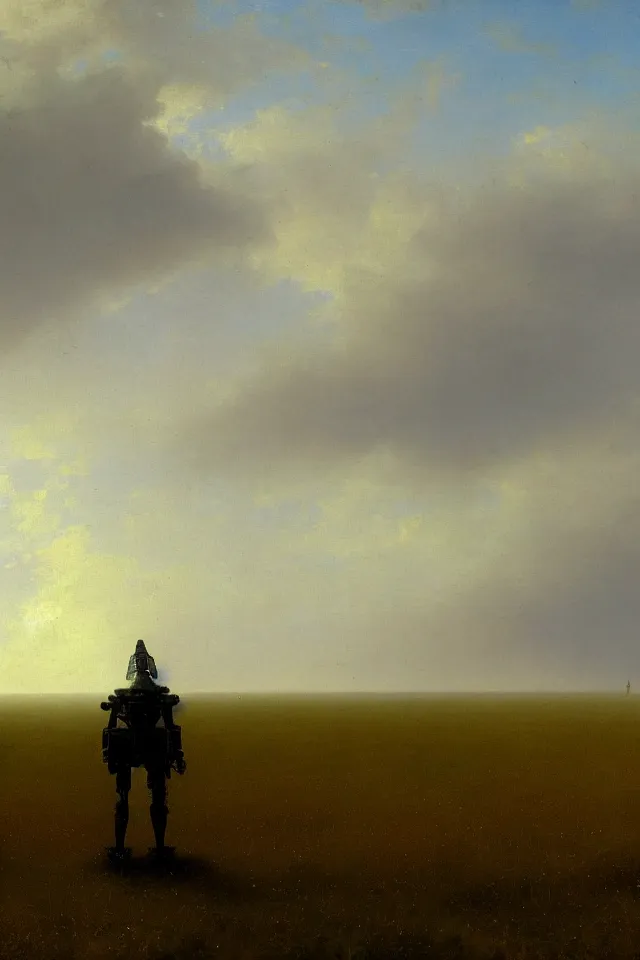Image similar to concept art of the back view of one humanoid robot on the ground, very very big and tall buildings nearby, vast wheat fields, by Ivan Aivazovsky, godrays, atmospheric, cinematic, distant world, wide angle, detailed
