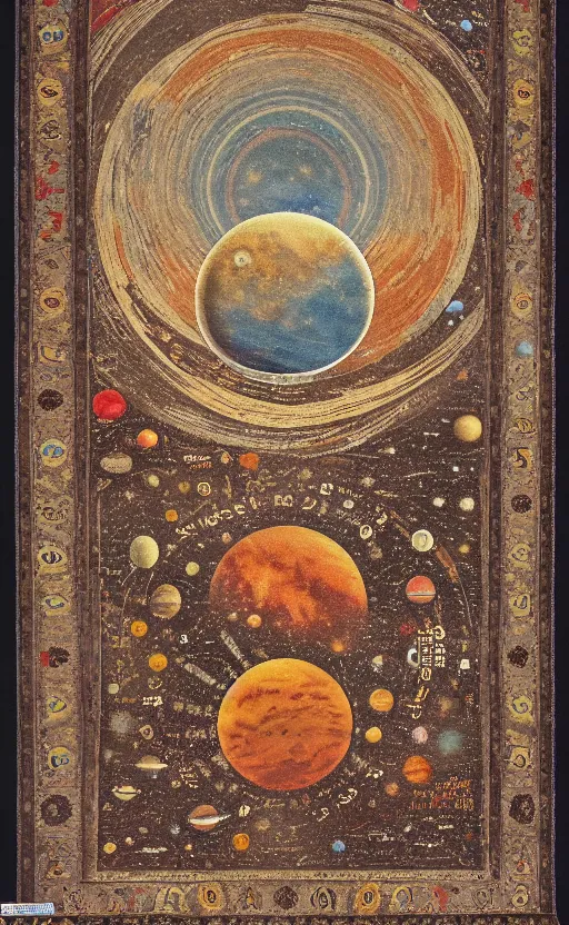 Image similar to solar system oriental rug, sun, planets, moon, high quality photography
