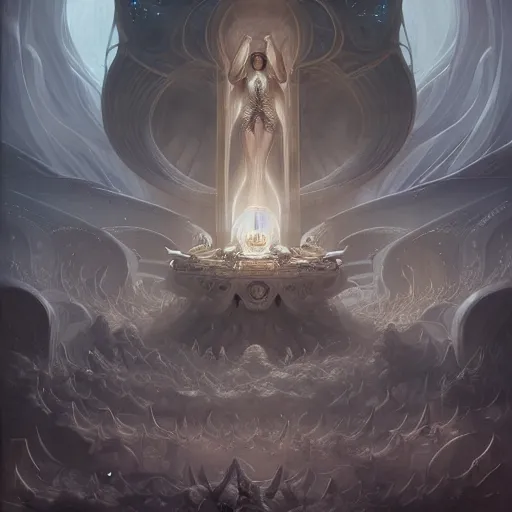 Prompt: Deborah, Lesser Angel of Multitudes garbed in the black robes of The Watchers inside a white pristine spaceship of the Decima by Peter Mohrbacher, 4k, high resolution, hyper realistic, detailed