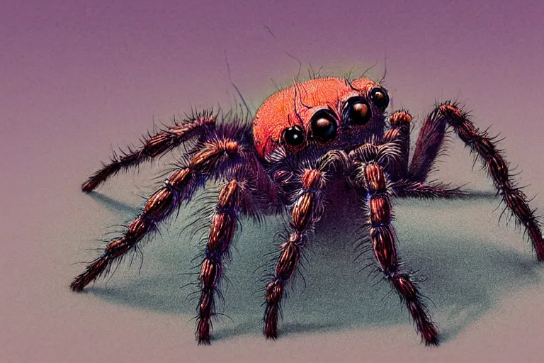 Prompt: jumping spider flurry, in the style of vernon grant and yoshitaka amano and bruce pennington, trending on artstation, bioluminescence low angle view sharpness applied, anaglyph effect, traditional art, photorealism, watercolor